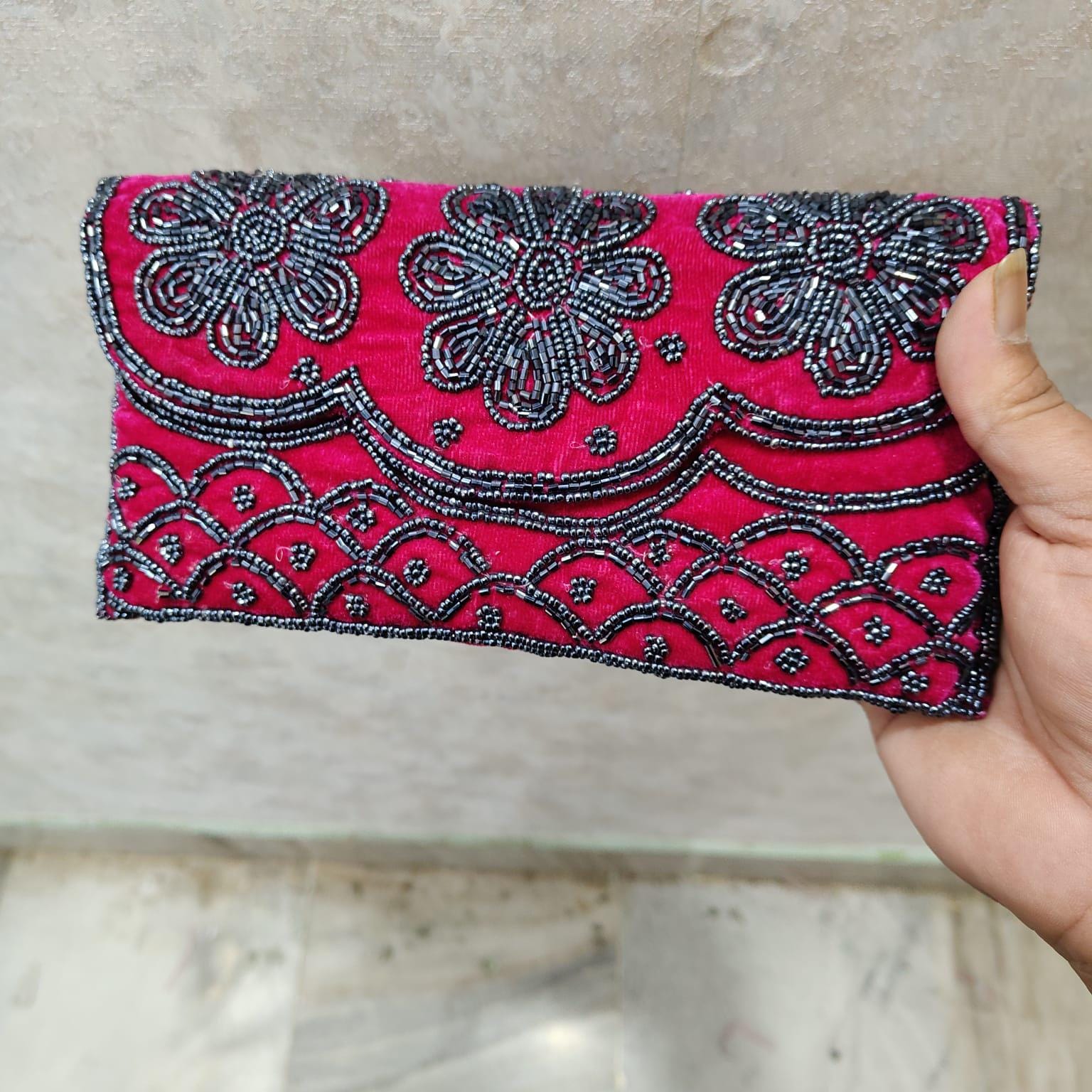 Magenta Velvet Beaded Clutch: Hand-Embellished Floral Evening Bag