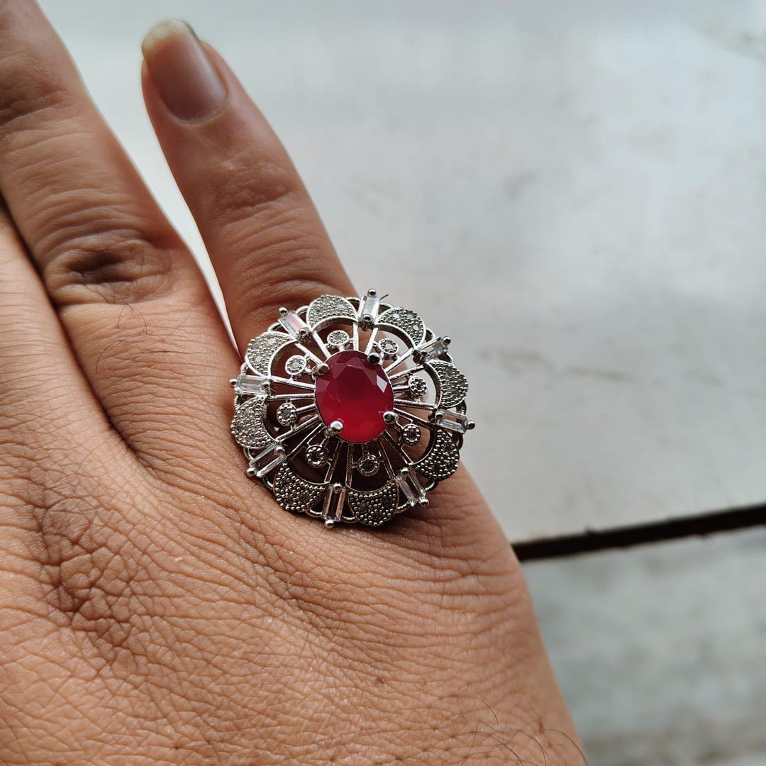 Ruby Simulant Vintage Inspired Ruby Red Diamond Simulant Ring, Adjustable Silver ...