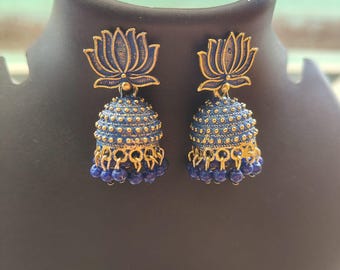 Blue Lotus Jhumka Earrings, Gold Plated Indian Jewelry
