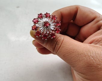 Vintage Inspired Red Crystal Flower Ring, Silver Plated Cocktail Statement