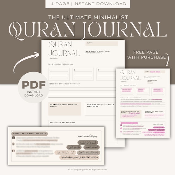 Editable Digital Quran Journal: Minimalist Muslim Planner (Printable PDF, Free Example Surah Al Fatihah)