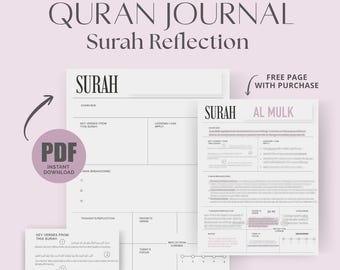 May include: A digital Quran journal template for Surah reflection featuring a blank layout with sections for overview, key verses, lessons, and reflection. Includes a filled example page for Surah Al Mulk and a separate card with key verses in Arabic and English.