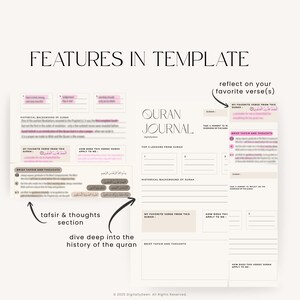 May include: A beige Quran Journal template with the title "Quran Journal" and the text "Features in Template". The journal includes sections for reflection, tafsir, and historical background. The design is minimalist with a focus on content.
