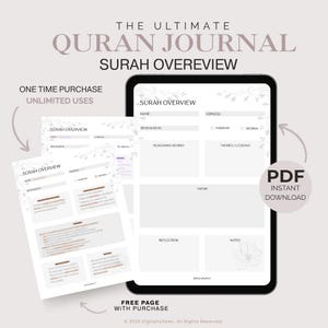 Op de afbeelding: Een digitaal Koran-dagboek met een Surah Overview-sjabloon. Het ontwerp omvat een tablet met het sjabloon, een afgedrukte pagina en de tekst "PDF Direct downloaden". Het dagboek is ontworpen voor onbeperkt gebruik.