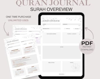May include: A digital Quran journal with a Surah Overview template. The design includes a tablet displaying the template, a printed page, and the text "PDF Instant Download". The journal is designed for unlimited uses.