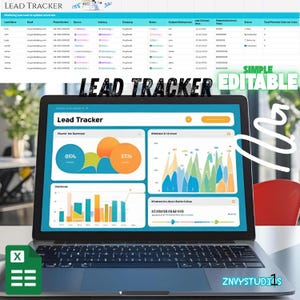 May include: A laptop displaying a "Lead Tracker" dashboard with charts and graphs. The screen shows data visualizations in orange, blue, and green. The words "SIMPLE EDITABLE" are visible. An Excel icon is in the lower left corner.