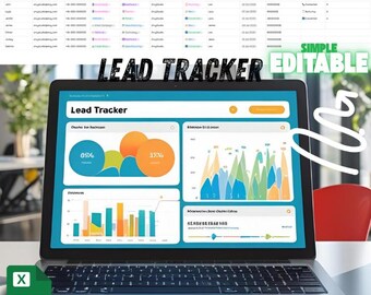 May include: A laptop displaying a "Lead Tracker" dashboard with charts and graphs. The screen shows data visualizations in orange, blue, and green. The words "SIMPLE EDITABLE" are visible. An Excel icon is in the lower left corner.