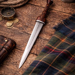 May include: A Scottish dirk with a wooden handle and a silver blade, resting on a wooden surface. A compass, coins, and a plaid scarf are also visible. The dirk is a traditional Scottish knife.