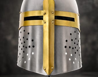 Casque de chevalier templier – Casque d'armure de croisé médiéval avec présentoir | Cadeau pour lui