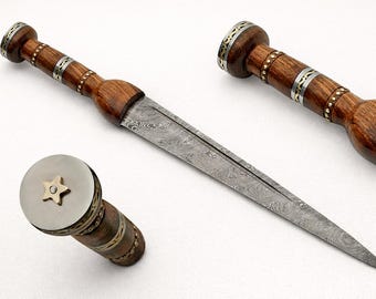 Hand-Forged Damascus Scottish Dirk - 20 Inch Blade, Brown Wood Handle - Gift for him