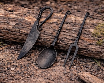 Ensemble de 3 couverts vikings – fourchette, couteau et cuillère médiévaux forgés à la main | Ustensiles scandinaves