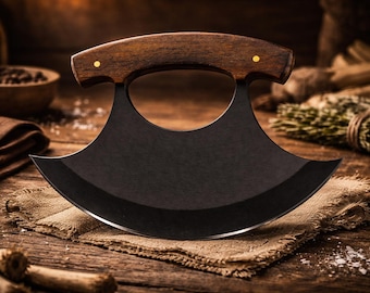 Couteau Ulu fait main, manche en noyer brun celtique, étui en cuir coupe-pizza fait main, cadeau d'anniversaire, cadeau d'anniversaire