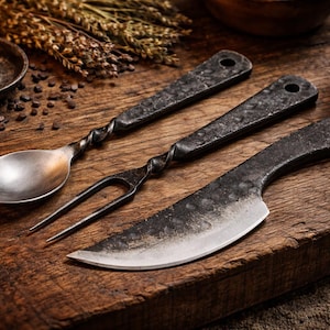 May include: Hand-forged iron cutlery set including a spoon, fork, and knife. The rustic utensils have twisted handles and are displayed on a wooden surface. A lit candle and bread are also visible.