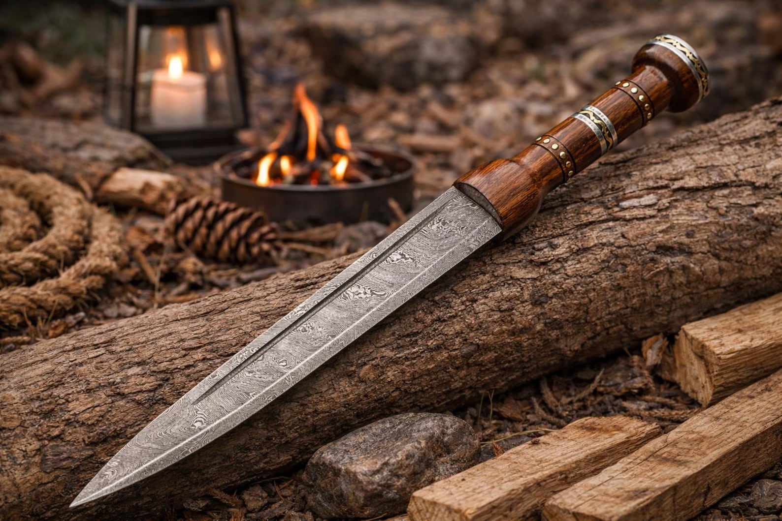 Hand-forged Damascus Scottish Dirk - 20 Inch Blade, Brown Wood Handle ...