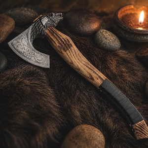 May include: A hand axe featuring a metal head with intricate floral and knotwork engravings, a wolf-shaped poll, and a wooden handle with a carved bear paw print. The handle includes a black wrapped grip and a wooden base, showcasing detailed craftsmanship.