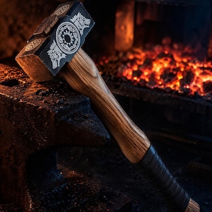 May include: A blacksmith's hammer with a wooden handle and a dark metal head. The head features a circular design with wolf head motifs. The handle is wrapped in black leather near the base. The hammer rests on an anvil, with a fiery forge in the background.
