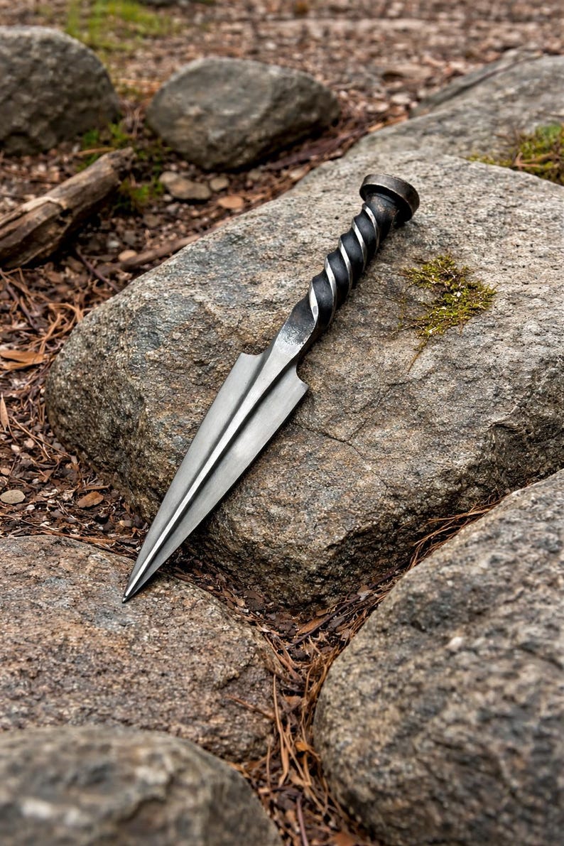 Peut inclure: Un poignard en m&eacute;tal forg&eacute; &agrave; la main avec un manche torsad&eacute; et une lame pointue et tranchante. Le poignard est de couleur argent&eacute;e et repose sur un gros rocher gris. La poign&eacute;e a un aspect sombre et textur&eacute;. L'arri&egrave;re-plan pr&eacute;sente d'autres rochers et du feuillage.