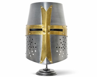 Casque de chevalier croisé templier – Casque médiéval croisé avec présentoir | Cadeau pour lui