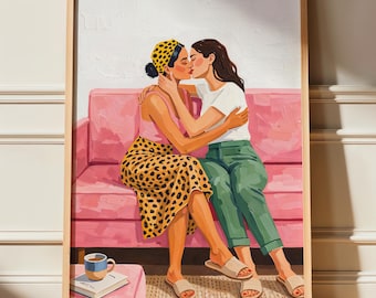 Grafika ścienna z parą lesbijek do romantycznego, dziewczęcego wystroju domu