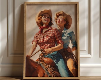 Lesbijski duet kowbojek jadący na koniu | Retro vintage obraz olejny (do pobrania cyfrowego)