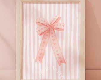 Różowa kokardka na ścianę: Modna dekoracja kokietki, dziewczęcy wydruk do pokoju dziecięcego (do pobrania cyfrowego)