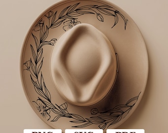 Projekt kapelusza z wieńcem z dzikich kwiatów: grawerowanie laserowe, pirografia (pliki cyfrowe)