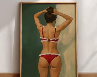 May include: A framed art print featuring a woman in a red and white lingerie set, her back to the viewer. The artwork has a green and beige background. The woman's hair is styled in a bun.