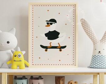 Grafika do pokoju dziecięcego z kaczką na deskorolce, dekoracja ścienna do pokoju zabaw (pobranie cyfrowe)