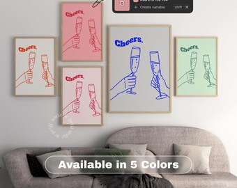 Grafika z szampanem „Cheers”: Minimalistyczna dekoracja ścienna na uroczystość (do pobrania w wersji cyfrowej, dostępna w 5 kolorach)