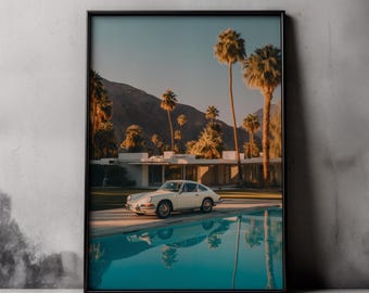 Palm Springs Porsche 911 Poster - Retro Mid-Century Car Art for Poolside Decor