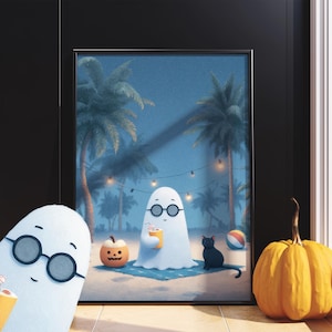 Beach Ghost Poster, Summerween Wall Art, Summer Halloween Decor, Spooky Cute Decor, Tropical Halloween Wall Art, Summerween Ghost
