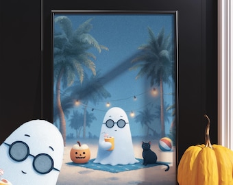 ビーチゴースト サマーウィーン ポスター、不気味なハロウィーン ウォールアート (デジタルダウンロード)