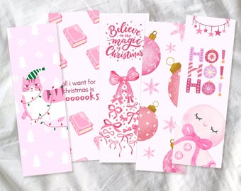 Zestaw 5 różowych zakładek do książek świątecznych z motywem kokietki do druku, idealnych do czytania w okresie świątecznym (do pobrania w wersji cyfrowej)