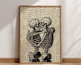 Sztuka dla miłośników szkieletów na Halloween, wydruk cyfrowy do pobrania, dekoracja na Halloween z motywem miłości