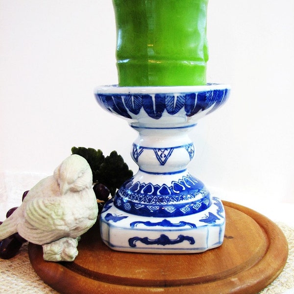 Vintage Chinoiserie Blue White Porcelain Pedestal Pillar Candleholder ... Asian Blue Leaves, Diamonds on White, Taper Candlestick