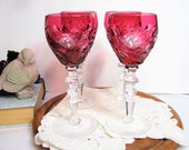 Crystal Cordial Glasses Aperitif Liqueur Sherry Stems Bohemian Cranberry Cut to Clear Stemware 4oz Set of 4 Beyer Bleikristall Germany