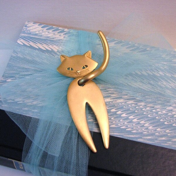 Vintage Jonette Jewelry Cat Pin / Brooch ... Pendulum Body, Gold Tone Satin Finish, Signed JJ