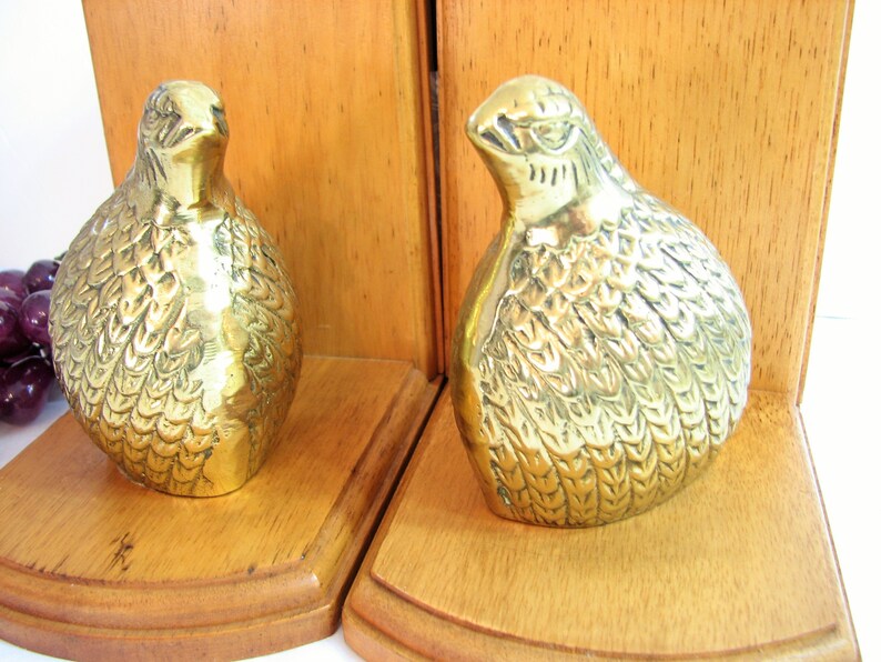 Vintage Brass Quail and Maple Wood Bookends MidCentury Etsy