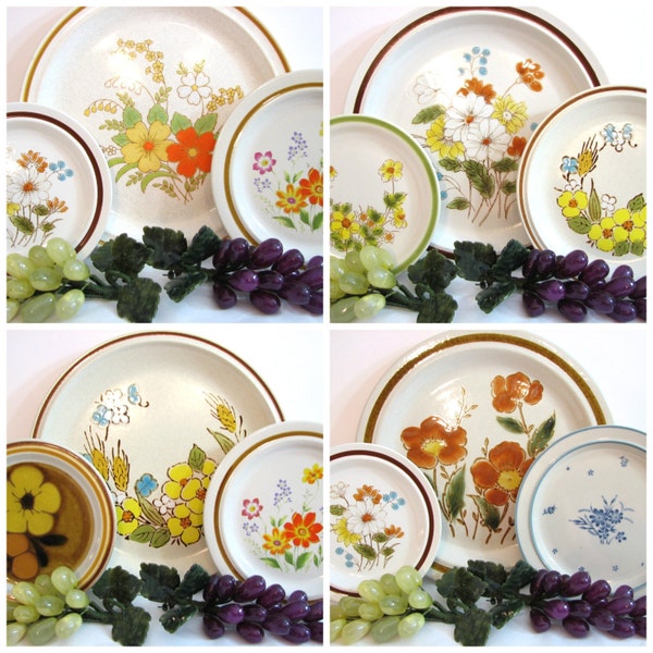 Vintage Colorful Floral Stoneware Plates, Dinner, Salad / Dessert, Bread / Butter, Mismatched Service for 4 ... Japan Stoneware Dishes