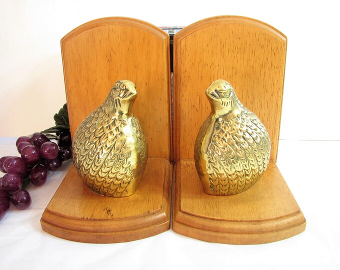 Vintage Brass Quail and Maple Wood Bookends, Midcentury, Brass Bird