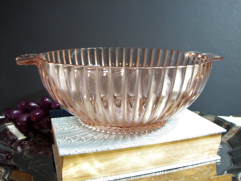 Pink Depression Glass Bowl Handled Ribbed Serving Bowl Etsy