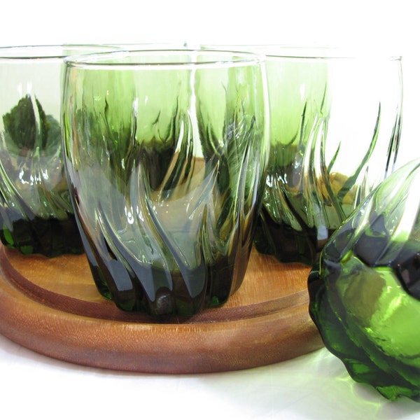 Retro Modern Avocado Green Rocks Glasses, Set of 6, Flame Design Barware 4" 12oz ... Double Old Fashioneds, Whiskey, Lowballs