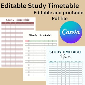 May include: An image featuring several study timetable templates. The templates are in various designs, including pink and white, and green and white. The text "Editable Study Timetable" and "Editable and printable Pdf file" are displayed.