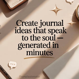 May include: A flat lay featuring a gold-rimmed clock, pencils, a notebook, and a small leather-bound case. The text reads "Create journal ideas that speak to the soul - generated in minutes."