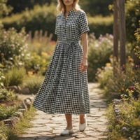 Sage Wide Open Collared Gingham Check Midi Dress