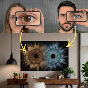 May include: A rectangular wall art print featuring two large human irises side by side on a black background. The left iris is brown with gold dust-like particles, and the right iris is blue with light blue particles, creating a vibrant contrast.