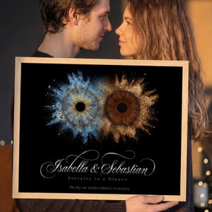 Op de afbeelding: Een ingelijste print met een zwarte achtergrond, met twee gestileerde ogen, één blauw en één bruin. De print bevat de namen "Isabella & Sebastian", de zin "Eternity in a Glance" en de datum "12.06.2015".