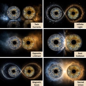 May include: A grid of six digital illustrations featuring human irises in blue and gold tones. Each pair is surrounded by swirling cosmic energy and labeled with text: Twin Currents, Infinite Light, Opposites Attract, Soul Collision, Magnetic Souls, and Sacred Union.