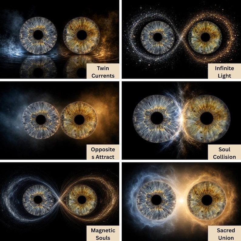 May include: A grid of six digital illustrations featuring human irises in blue and gold tones. Each pair is surrounded by swirling cosmic energy and labeled with text: Twin Currents, Infinite Light, Opposites Attract, Soul Collision, Magnetic Souls, and Sacred Union.