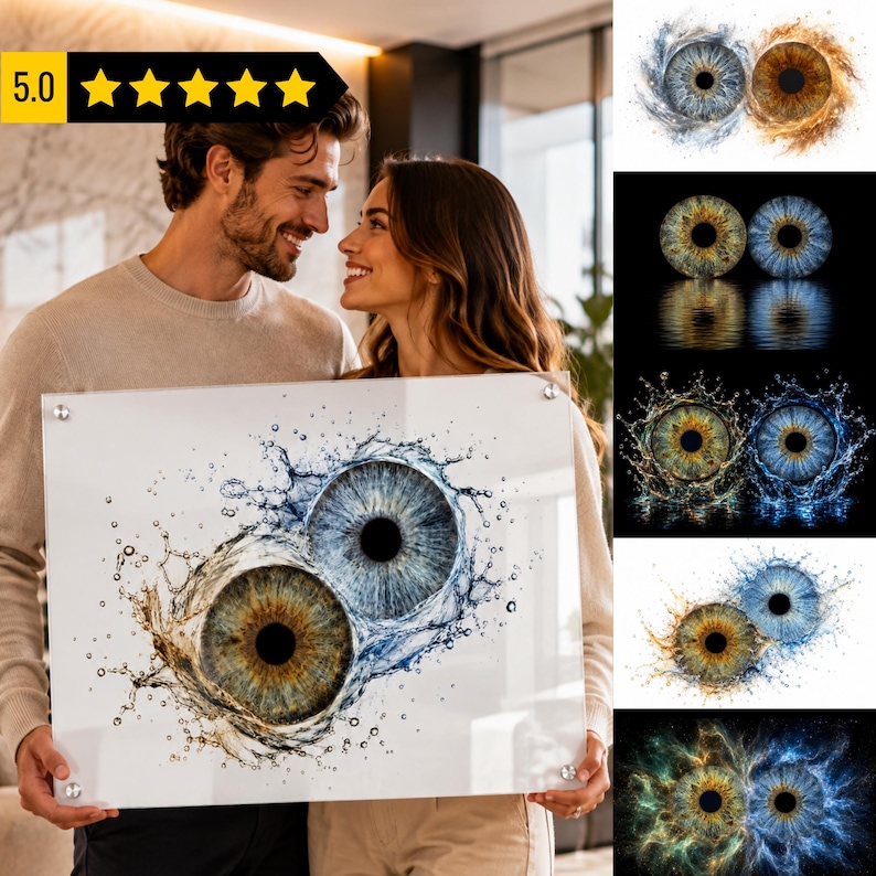 May include: A rectangular acrylic wall art piece featuring two human irises, one brown and one blue, surrounded by dynamic water splashes. The artwork is mounted with four silver metal standoffs at the corners, displaying a high-resolution print.